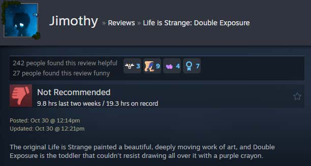 Screenshot showing a Steam review for Life is Strange: Double Exposure.